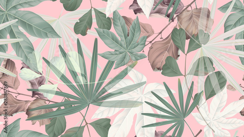 Botanical seamless pattern, green, brown and white tropical leaves on pink, pastel vintage theme