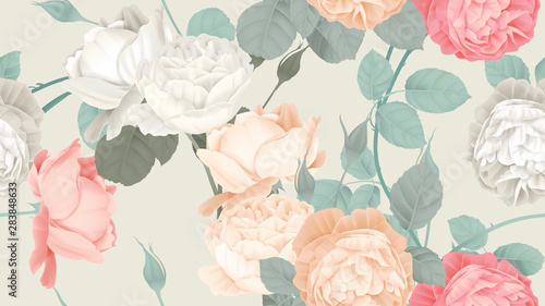 Botanical seamless pattern, roses with leaves on light brown, pastel vintage theme