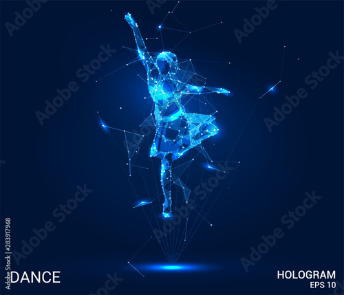 Hologram dance. Dancer from polygons, triangles points and lines. Dance lowpoly connection structure. Technology concept.