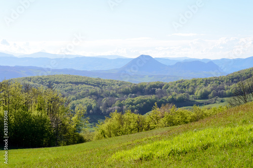 Apennines mountain landscape seen from the "Piana degli Ossi", a wide valley near Firenzuola, on the path of the Gods road or "la via degli Dei", in Italy