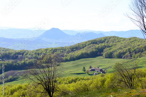 Apennines mountain landscape seen from the "Piana degli Ossi", a wide valley near Firenzuola, on the path of the Gods road or "la via degli Dei", in Italy