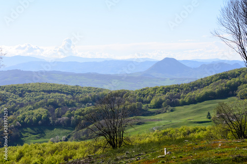 Apennines mountain landscape seen from the "Piana degli Ossi", a wide valley near Firenzuola, on the path of the Gods road or "la via degli Dei", in Italy