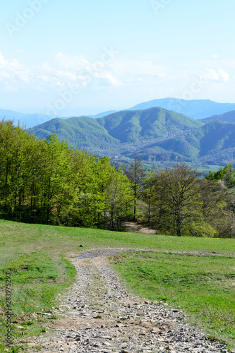 Apennines mountain landscape seen from the "Piana degli Ossi", a wide valley near Firenzuola, on the path of the Gods road or "la via degli Dei", in Italy