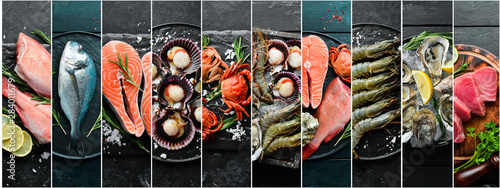 Photo collage. Seafood and raw fish on black stone background.