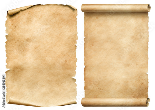 Old worn paper sheet and scroll isolated on white