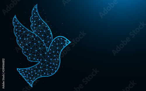 Bird low poly design, animal symbol abstract geometric image, dove wireframe mesh polygonal vector illustration made from points and lines on dark blue background