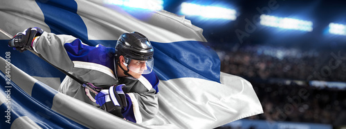 Finland Hockey Player in action around national flags
