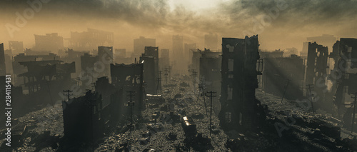 Apocalypse survivor concept, Ruins of a city. Apocalyptic landscape 3d render , 3d illustration concept