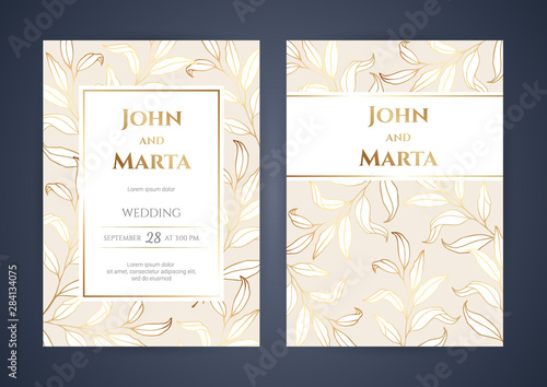 Wedding Invitation with Gold Flowers and gold geometric line design. background with golden frame. Cover design with an ornament of golden leaves. vector eps10