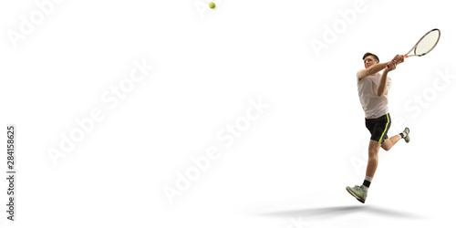 Isolated Male athlete plays tennis on white background