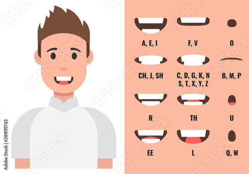 Male mouth animation. Phoneme mouth chart. Alphabet pronunciation. Vector illustration.