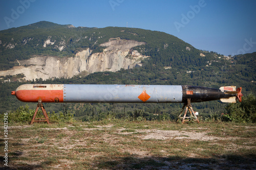 German torpedo on trestles in countryside