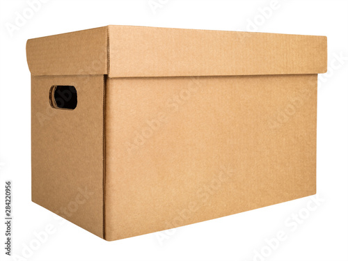 Cardboard archival storage box. Closed blank box for transfer storage