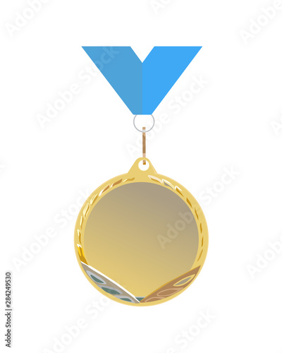 Metallic copper medal with blue ribbon. Award for the winner. Medal for competitors and competitions. Awarding winners and participants.