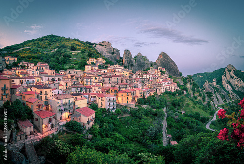 Panoramic view of Castelmezzano, typical italian little village on appenini mountains, province of Potenza, in the Southern Italian region of Basilicata