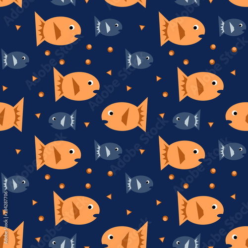 Seamless pattern with orange and blue pisces on dark background. Vector illustration.
