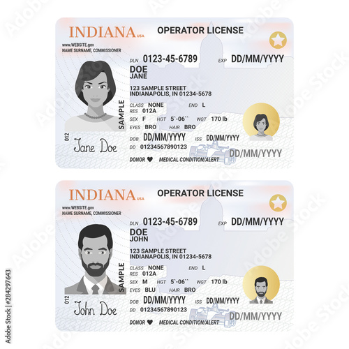 Vector template of sample driver license plastic card for USA Indiana