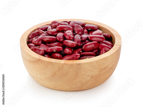 red beans in wood bowl isolated on the white background