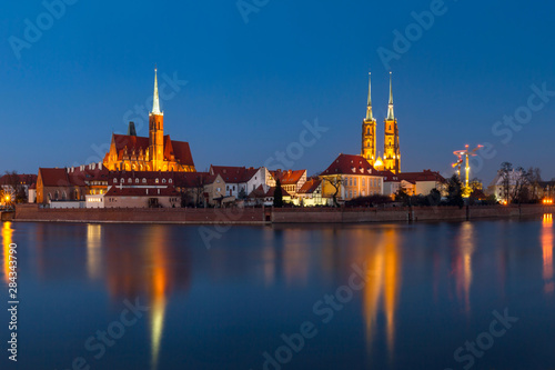 Cityscape, evening panorama - view of the city Wroclaw and its old district Ostrow Tumski, Lower Silesia Province, The Poland