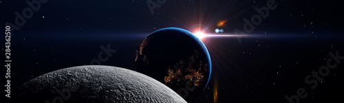 Luna eclipse in space concept showing the moon, planet Earth and the bright sun, panoramic