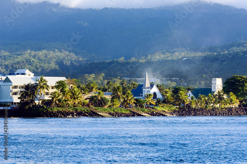 Aggie Greyís Hotel (left) and local churches in Apia, Upolu Island, Western Samoa