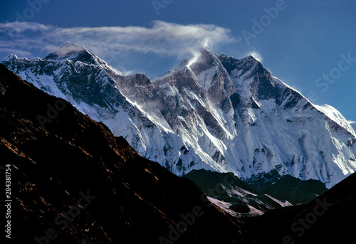 Asia, Nepal, Sagarmatha NP. Clouds swirl around Mt. Everest, Lhotse and Nuptse in Sagarmatha National Park, a World Heritage Site, in Nepal.