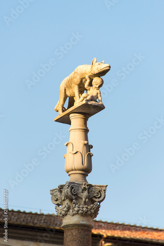 Italy, Siena. She-Wolf Romulus & Remus statue on pillar in Piazza del Duomo