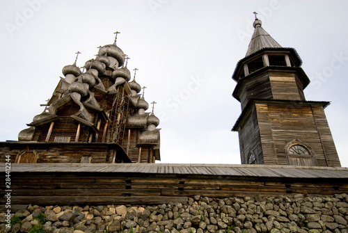 Russia, Lake Onega, Kizhi Island. Historic 22-domed Transfiguration Church built in 1714 without a single nail. UNESCO site.