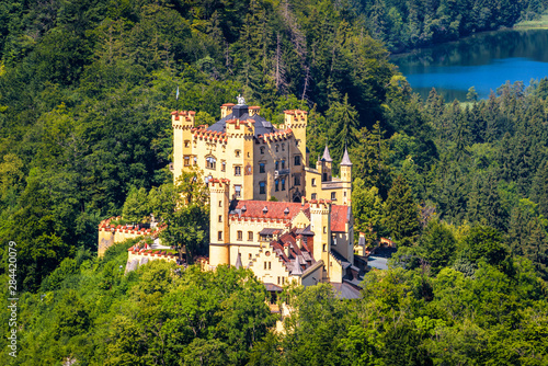  Aerial scenic view of Hohenschwangau Castle, Germany. Landscape with castle and lake in Alps.