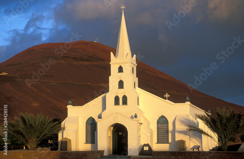 Ascension Island, Georgetown, St. Mary's Church, built in 1847, sunset with Cross Hill behind, South Atlantic Ocean.