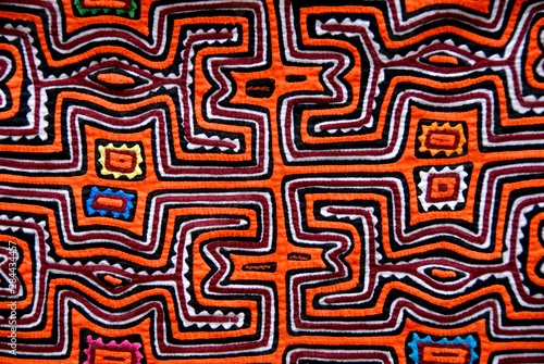 Central America, Panama, San Blas Islands (aka Kuna Yala). Colorful hand stitched mola made by the Kuna Indians, detail.