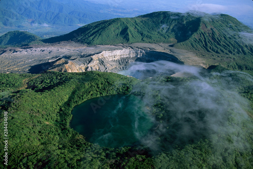 Costa Rica, Volcan Poas National Park, aerial of Poas volcano crater.