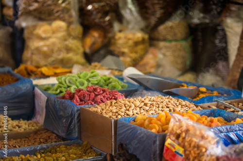 San Pedro Market, Cusco, Peru. Close-up view of fruits and nus at the market.