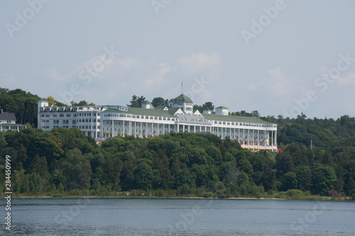 Michigan, Mackinac Island. Lake Michigan view of the historic Grande Hotel, c. 1887.