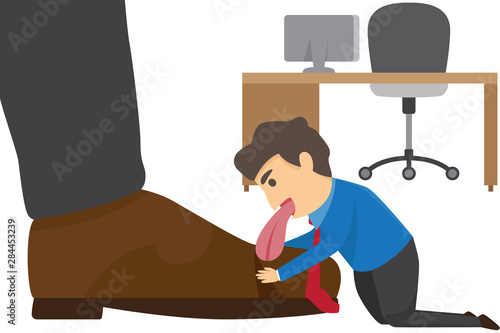 Businessman with big tongue licking huge boot of his boss groveling for successful career for grovel in business concept design. vector illustration.