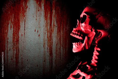 Fake human skull head and dark gloomy wall with red blood stain background, halloween concept.