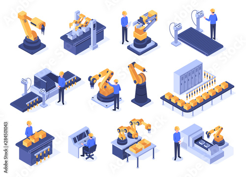 Isometric industrial robots. Assembly line machines, robotic arms with engineer workers and manufacturing technologies. Mechanic industry factory scanner. Isolated 3d vector icons set