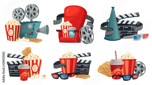 Cartoon cinema. Movie projector, 3d cinema glasses and vintage film camera. Popcorn, megaphone and movie house armchair. Hollywood cinematograph isolated icons illustration vector set