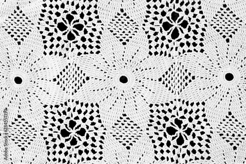 Top view of crochet lace doily tablecloth