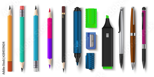 Realistic pen and pencils. 3D school and office supplies, brush marker and sharpened pencils. Vector illustration colored plastic workspace tools set
