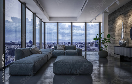 Luxury penthouse living room in evening light