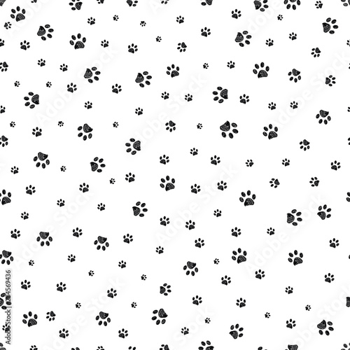 Trace black doodle paw prints seamless pattern background