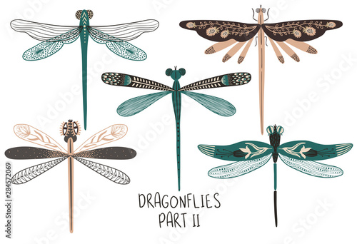 Set Of Folk Art Decorated Dragonflies.
