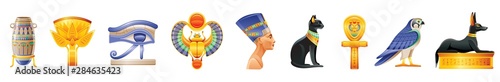 Ancient Egypt icon set. 3d God, pharaoh sign. Cartoon vase, lotus, wadjet eye, scarab, Nefertiti, Cleopatra queen, Bastet cat, ankh coptic cross, Horus Ra falcon, Anubis dog tomb. Vector Egypt old art