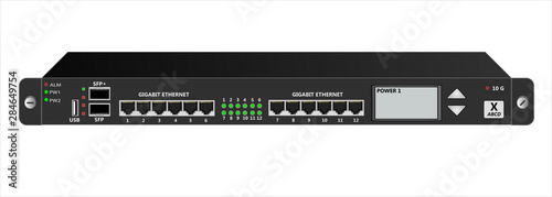 Black router IP traffic for mounting with a 19 inch rack. SFP, SFP+, USB, RG-45 connectors and Router Management Screen. Vector illustration.