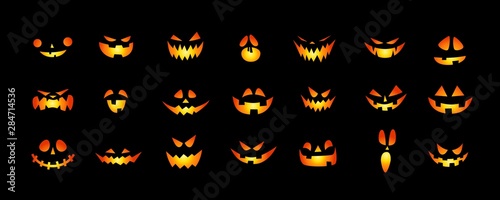 Set of Halloween scary pumpkins cut. Spooky creepy pumpkins cut