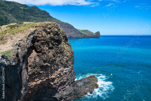 Best panorama viewpoint (Crane Viewpoint) in Faial city to the rocks, cliffs and Atlantic ocean, Madeira isand, Protugal in summer sunny day 