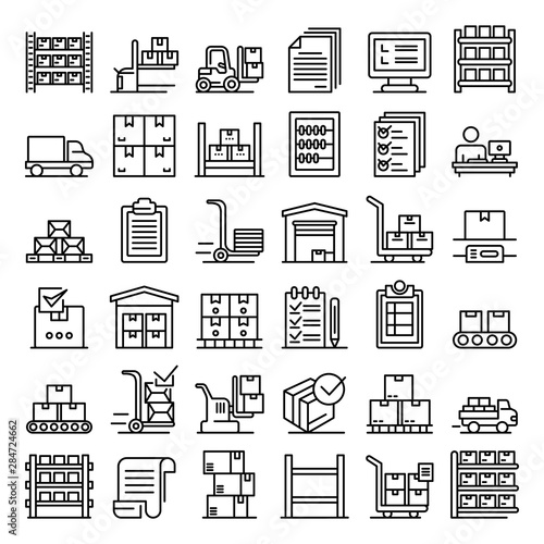 Inventory icons set. Outline set of inventory vector icons for web design isolated on white background