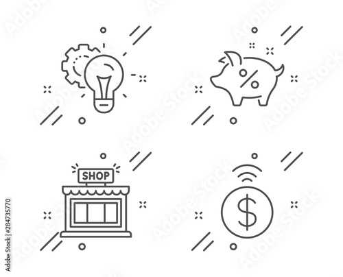 Idea gear, Shop and Loan percent line icons set. Contactless payment sign. Technology process, Store, Piggy bank. Financial payment. Line idea gear outline icon. Vector