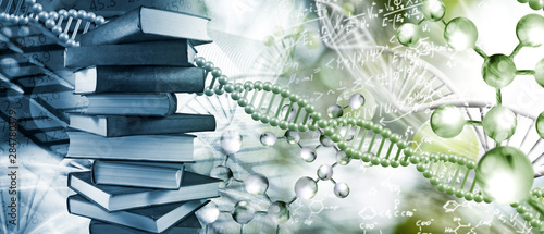 Stack of books depicted on DNA background closeup